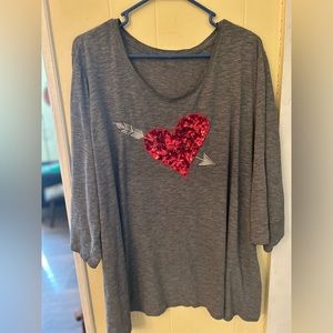 Gray T-shirt with red sequin heart 3X three-quarter length sleeve